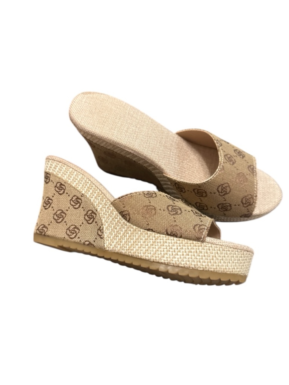 Beige Logo-Pattern Wedge Slide Sandals